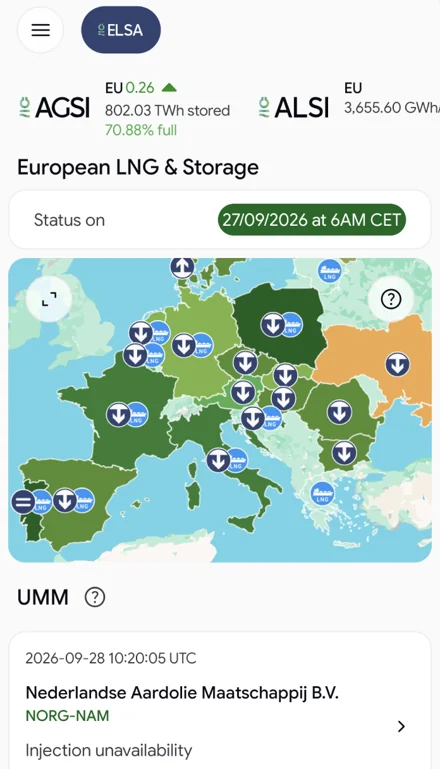 ELSA app screen detail: Storage & LNG