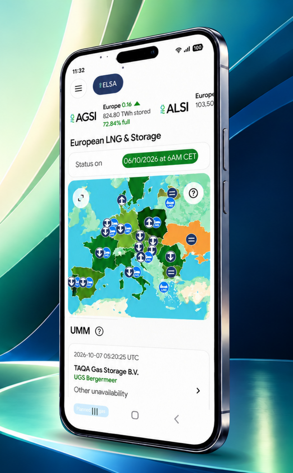 ELSA app showing European storage and LNG data, a map and urgent market messages